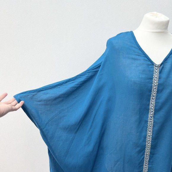 Toast Ladies One Size Aqua Teal Kaftan Beach Cover 100% Cotton Embroidered Flowy - Picture 4 of 8